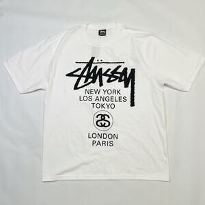 New Stussy World Tour Tee White Mens Size Large Double Sided Logo 2025